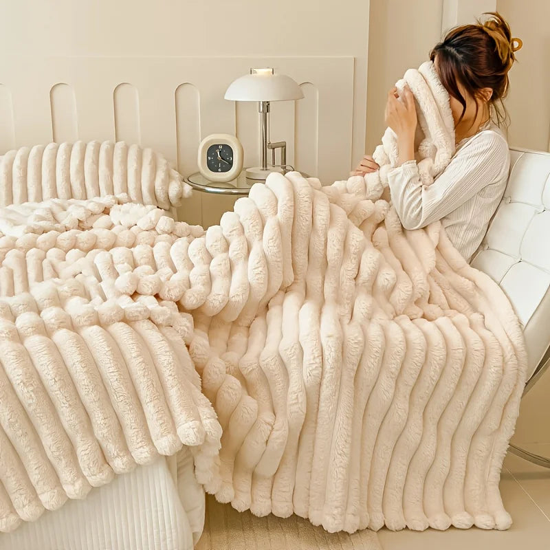 Thickened Wide Stripe Plush Flannel Multifunctional Blanket – Bed Sheet, Sofa & Nap Cover, 7 Colors & 5 Sizes