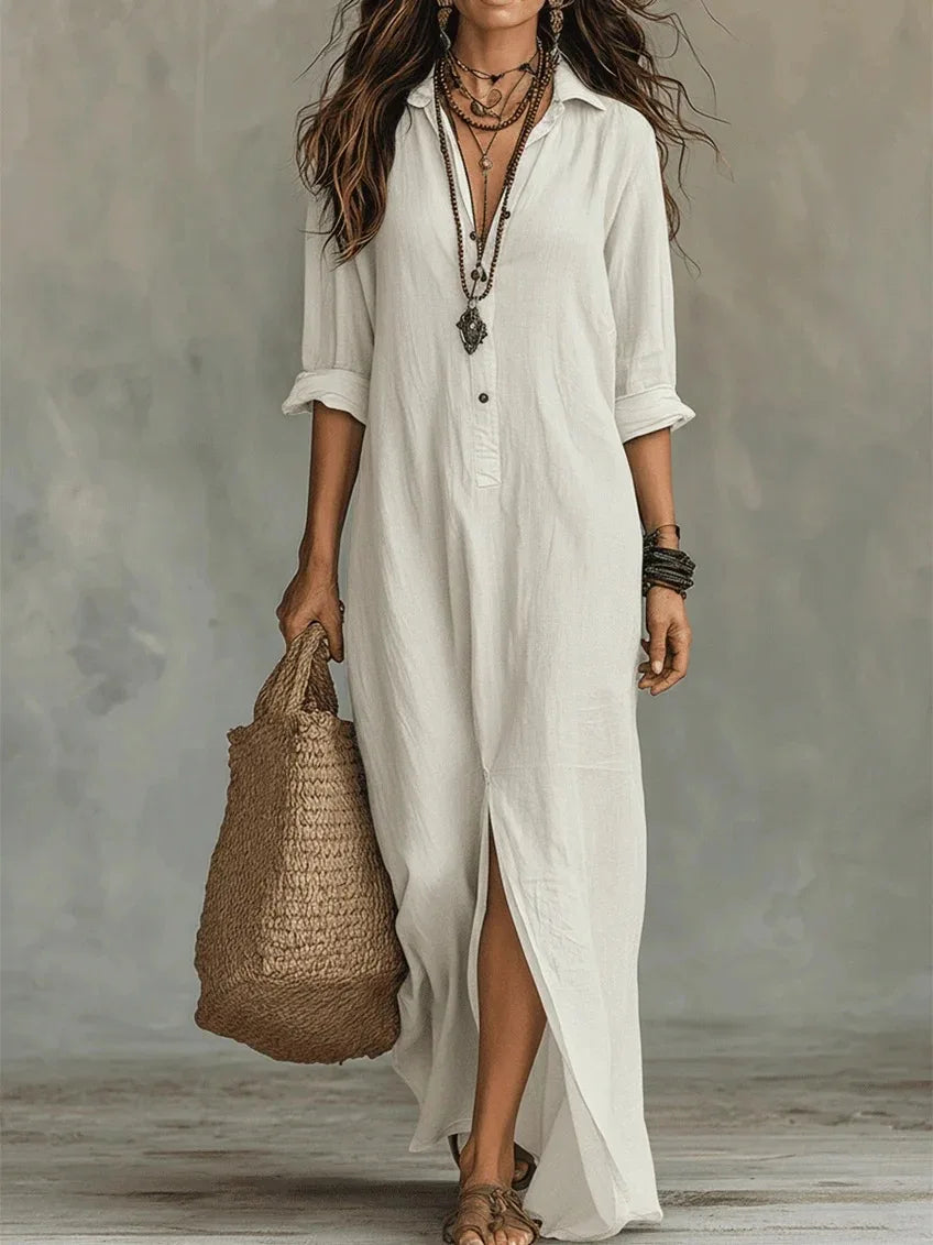 Women's Casual Long Sleeve Loose Maxi Dress – Solid Color Turn-Down Collar Beach & Elegant Dress