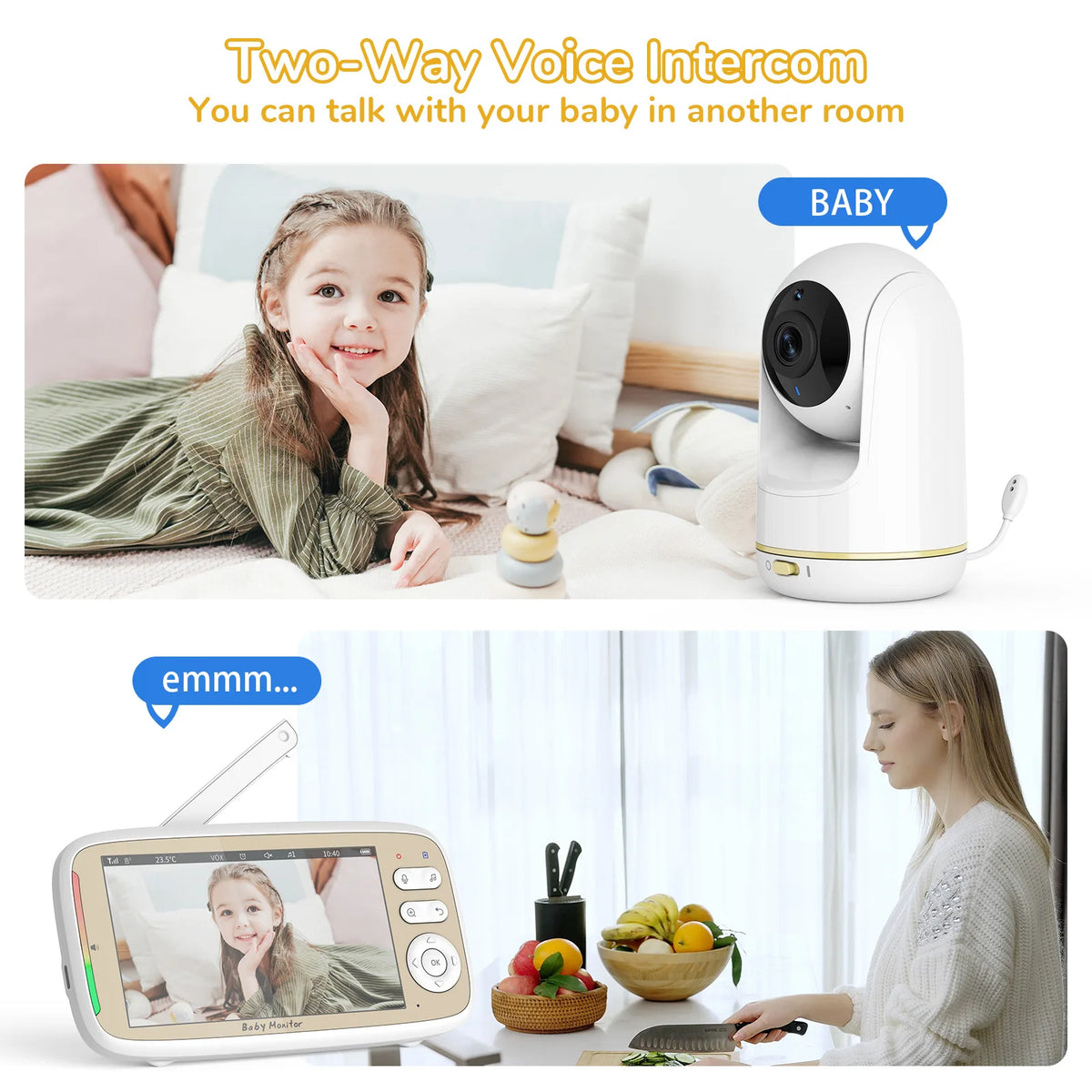 5" WiFi Baby Monitor – PTZ 355°, 3x Zoom, Night Vision, 2-Way Audio, App + Monitor, 22H Battery