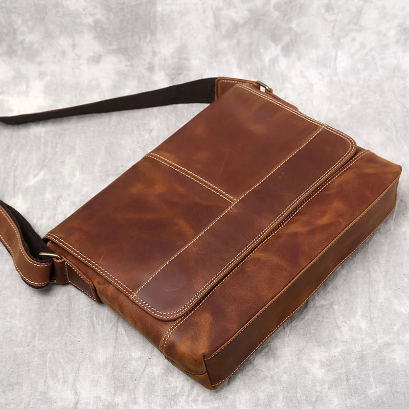 NZPJ New Leather Men's Shoulder Bag Retro Top Layer Cowhide A4 File Men's Bag Brown Handmade Crazy Horse Leather Messenger Bag