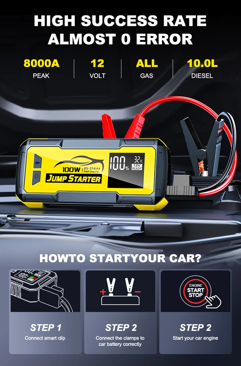 32000mAh Car Emergency Jump Starter — Portable Battery Booster with Power Bank