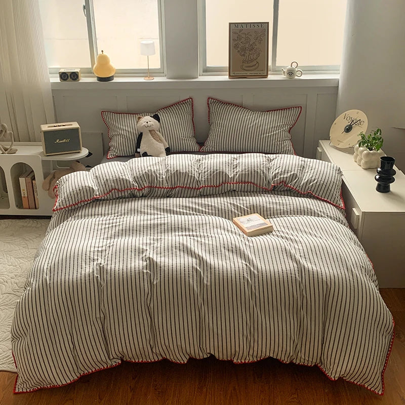 100% Cotton Stripe Duvet Cover Set – 3-Piece Bedding with 2 Pillowcases, 3 Sizes