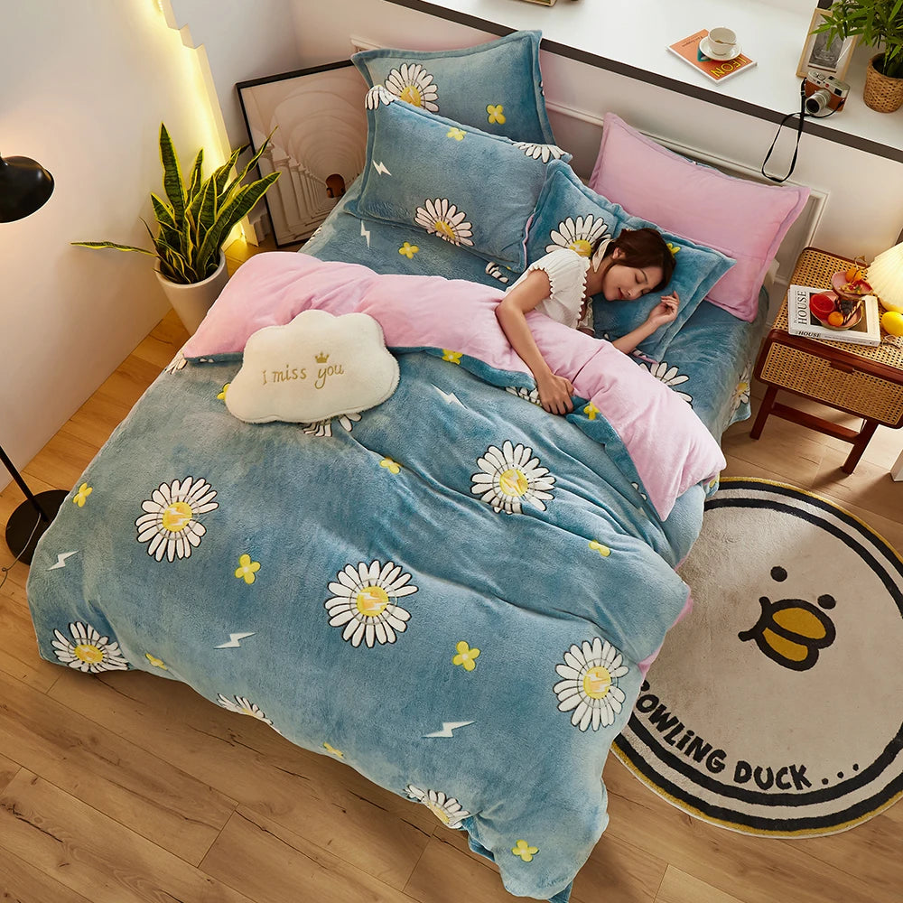Double-Sided Flannel Coral Fleece Duvet Cover – Thick Warm Winter Bedding, 8 Colors & 6 Sizes