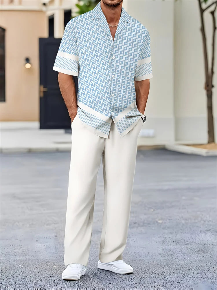 Men's 3D Striped Print Lapel Shirt & Shorts Casual Set – Autumn Outdoor 2-Piece