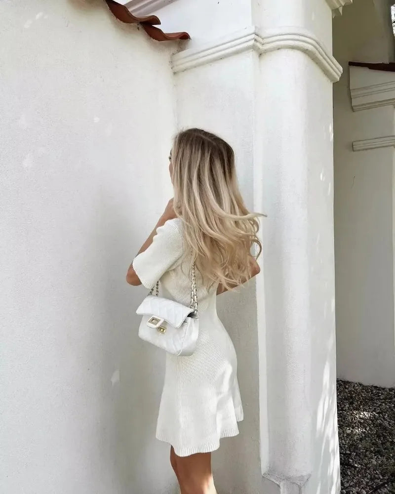 Elegant Knit Rib Mini Dress — High Waist Short Sleeve Bodycon Sweater Dress