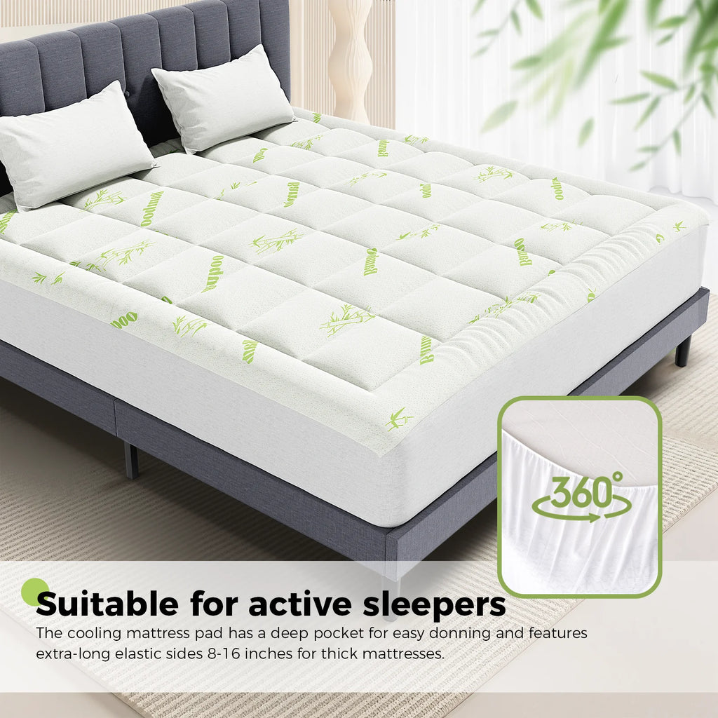 Bamboo Fiber Mattress Topper – 400g Thick Cooling Pad for Back Pain Relief with Deep Pocket Fit