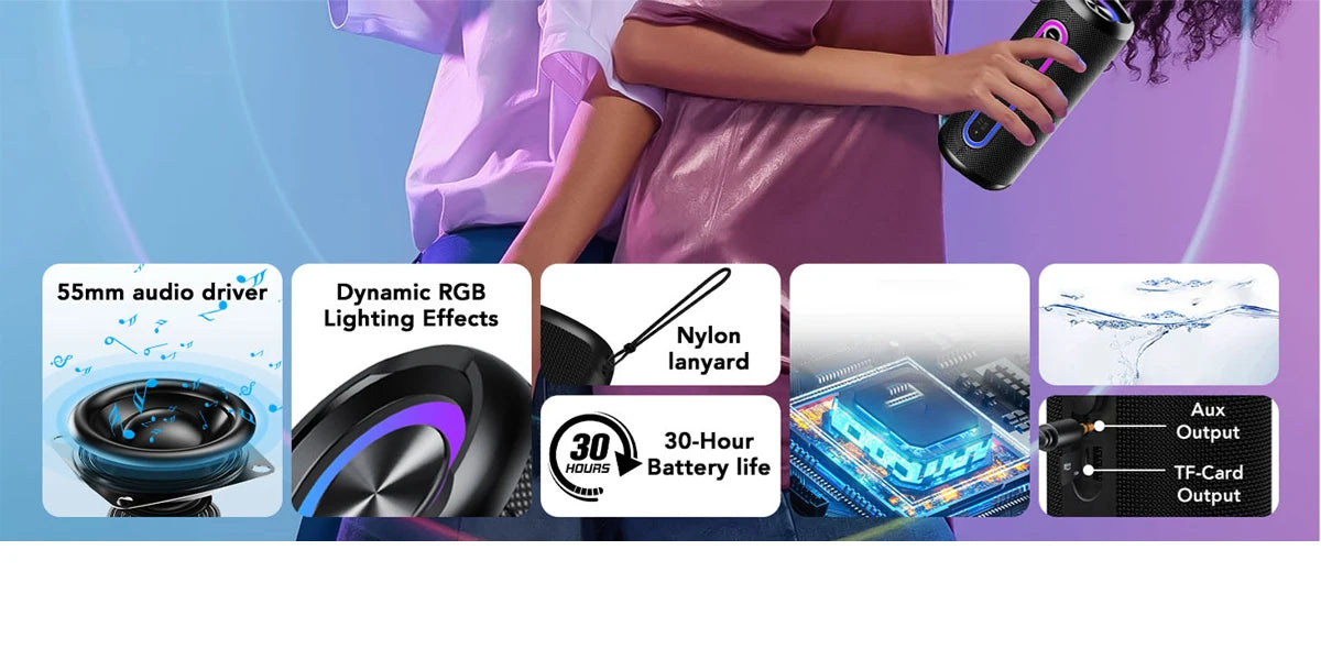 Wireless Portable Speaker — 30W Loud Stereo, IPX7 Waterproof, RGB Lights, TWS Pairing