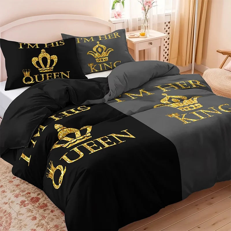 Couples Bedding Set – 3-Piece Letter Print Duvet Cover, Queen & King, Lovers & Spouses