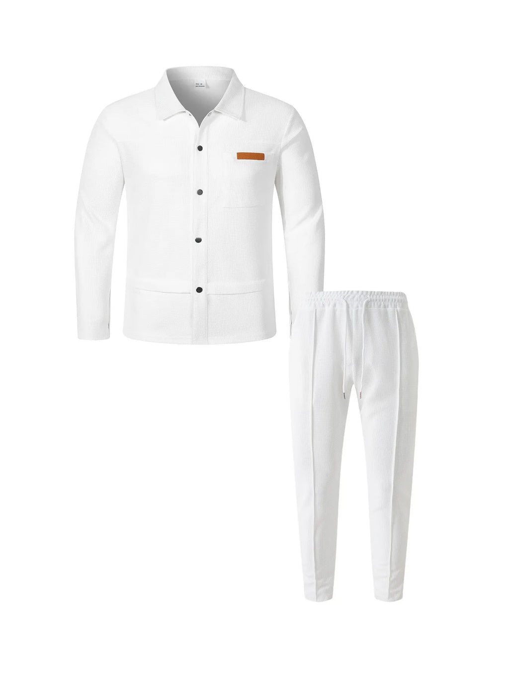 Men's Waffle Knit Button-Down Long Sleeve Jacket & Pants Set – Plain Color Casual Suit