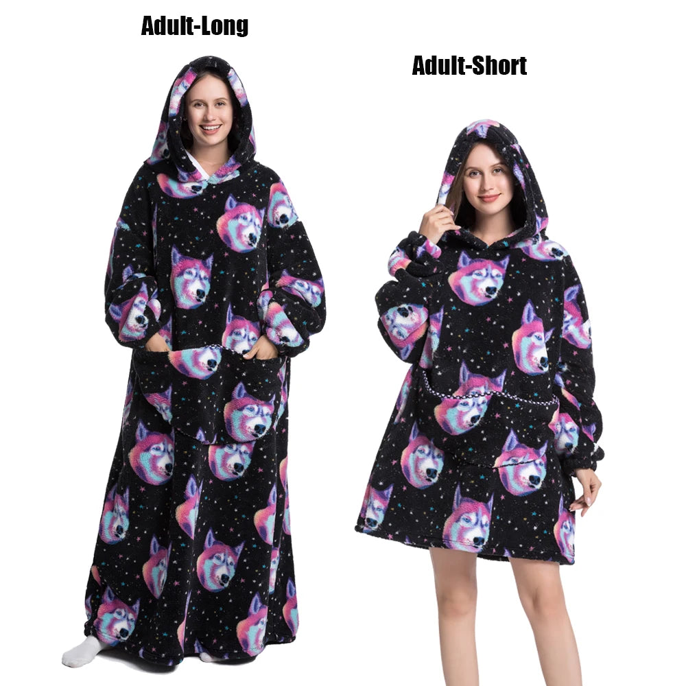 Oversized Wearable Blanket Hoodie – Plush Fleece with Sleeves, Hood & Pocket, 40 Designs