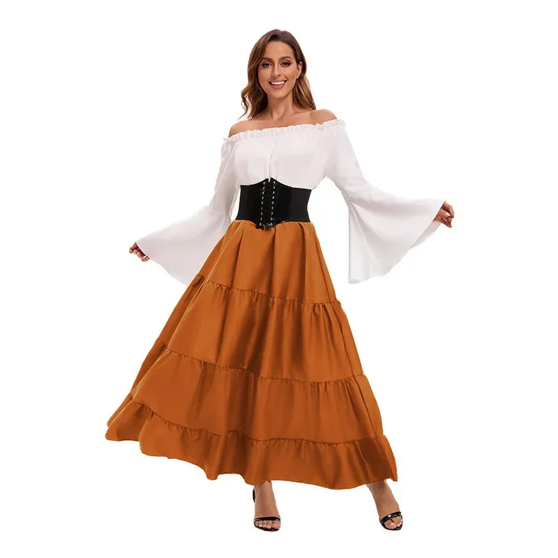 Medieval Renaissance Costume Dress — Off-Shoulder Victorian Queen Outfit with Waist Corset