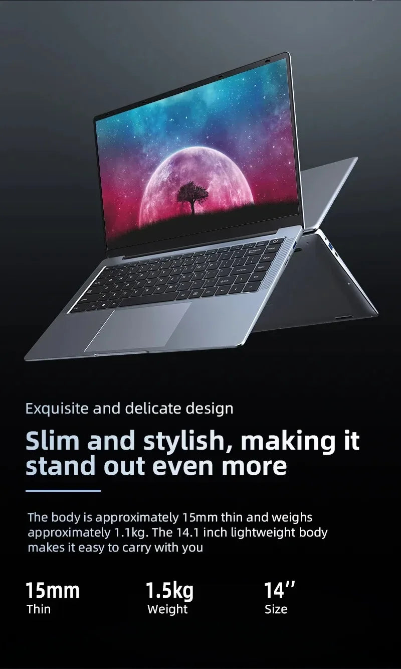 14.1" Intel N3700 Slim Laptop – 16GB DDR4, Up to 2TB SSD, Dual Cameras, Wi-Fi 6, Windows 11