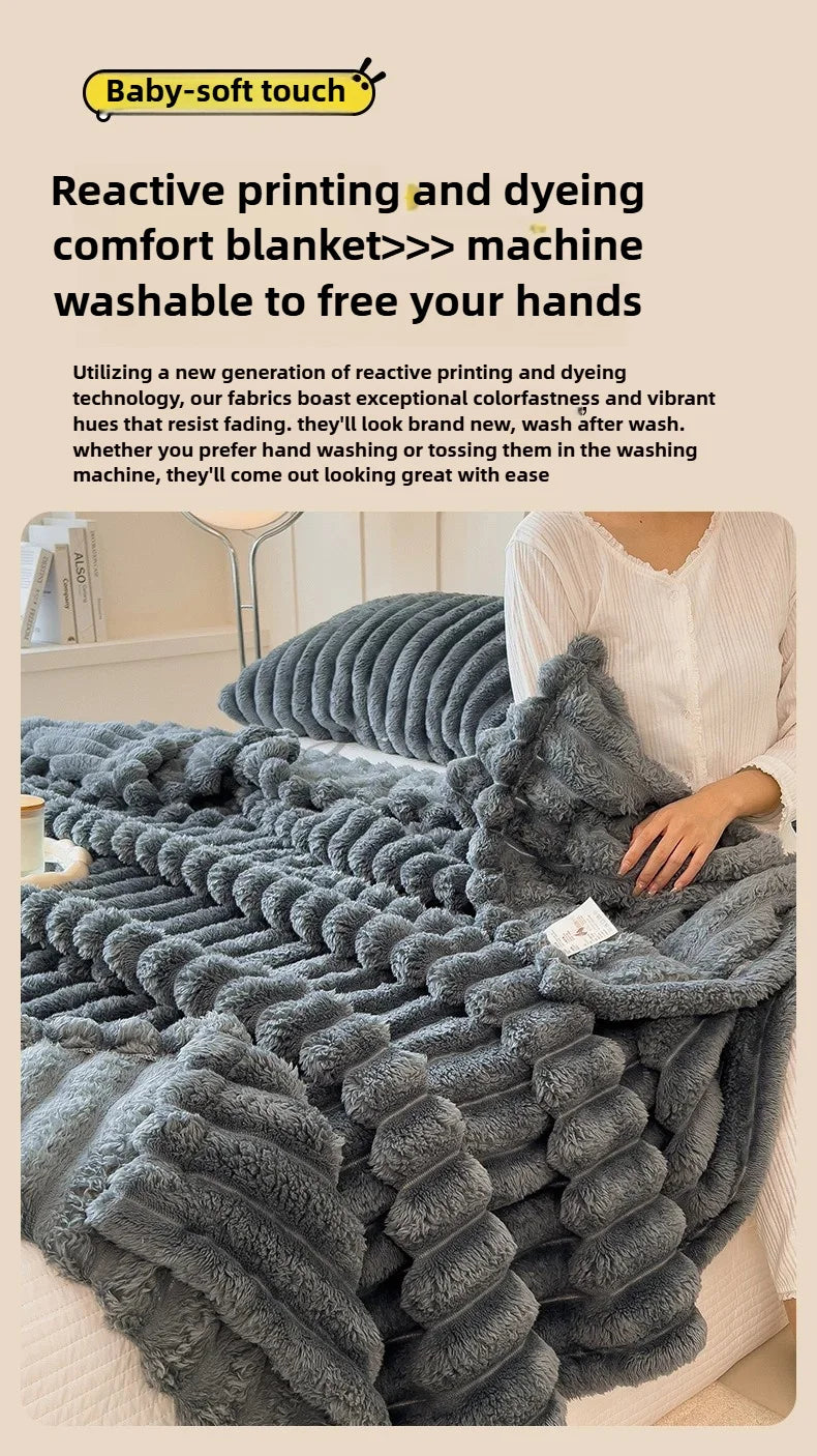 Striped Plush Blanket – Soft Faux Rabbit Fur Throw