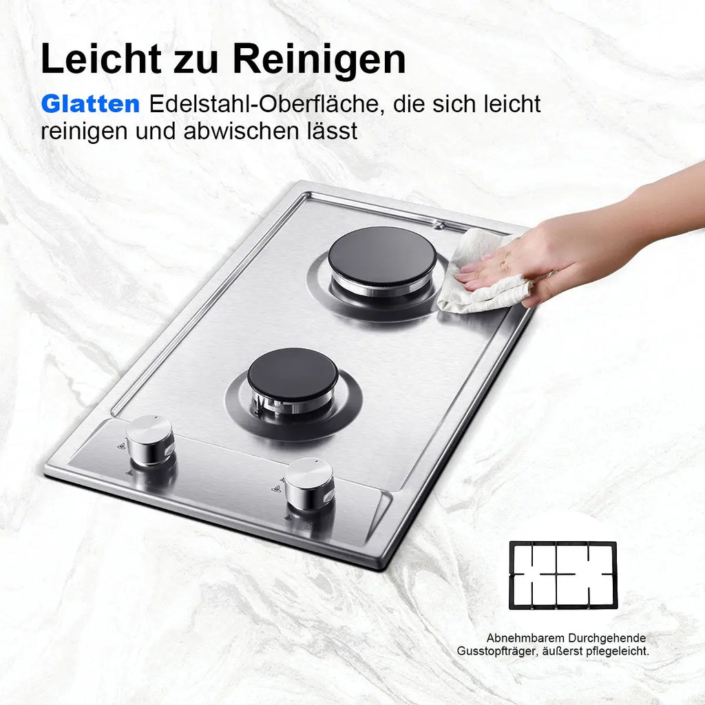 Stainless Steel 2-Burner Gas Hob – Automatic Flame Protection, Dual Fuel Natural Gas/Propane, Built-in or Freestanding, 2400W