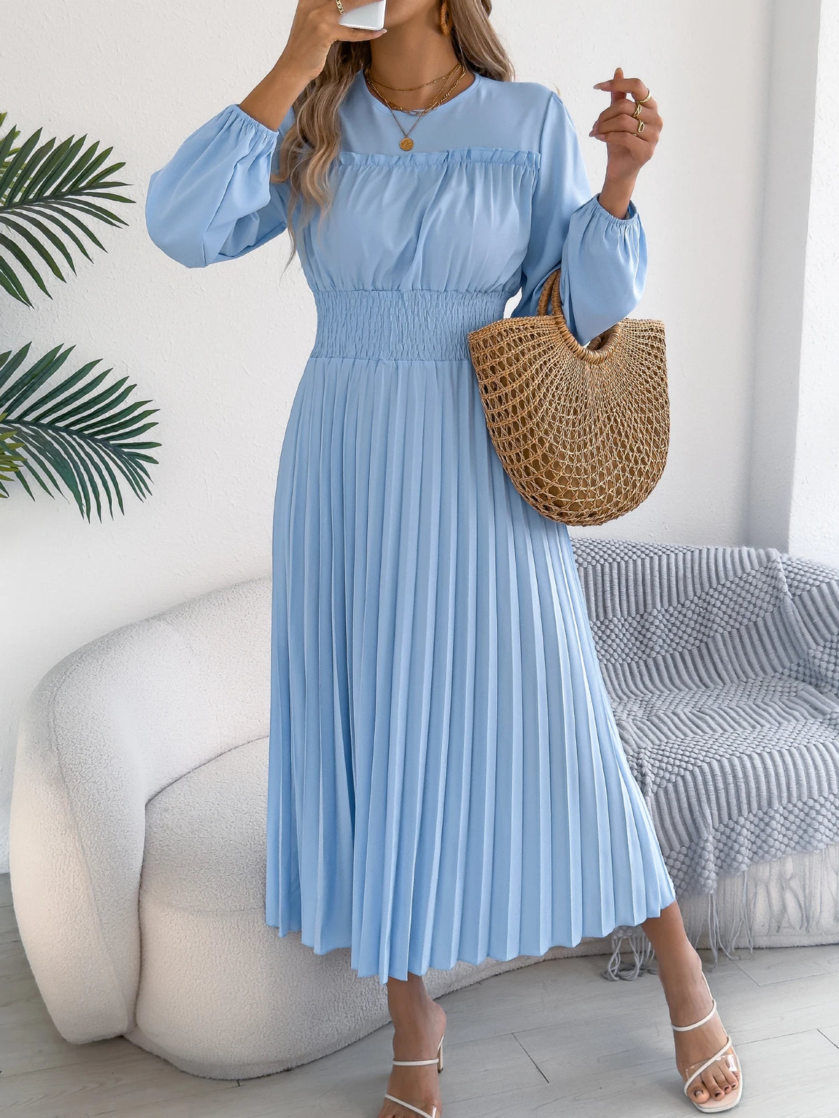 High Waist Long Sleeve Solid Maxi Dress — Casual Elegant Autumn Winter Women's Dress