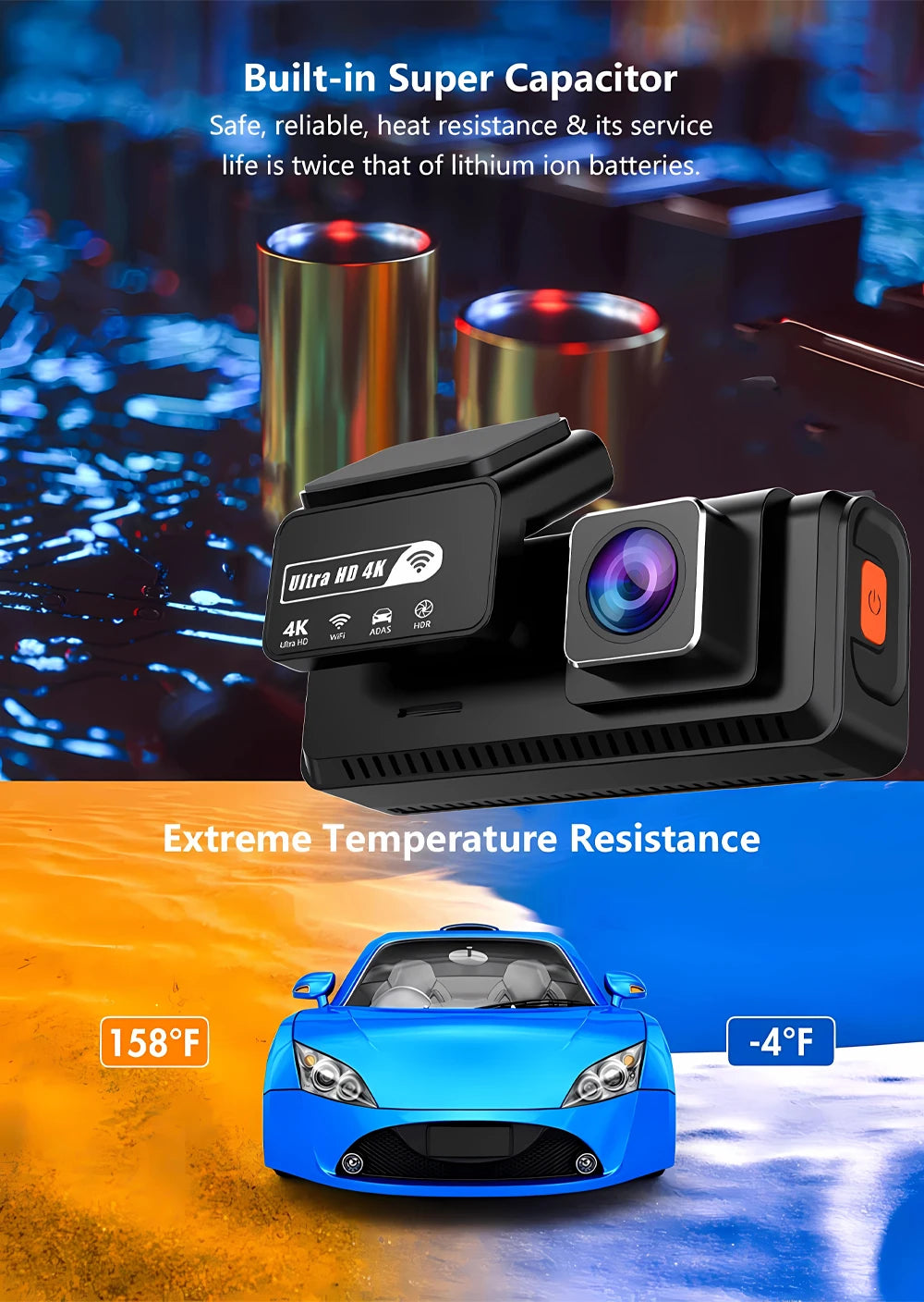 ADAS 4K+2.5K Dash Cam – GPS, WiFi, 24H Night Vision, Optional Rear Lens, Mini Car DVR