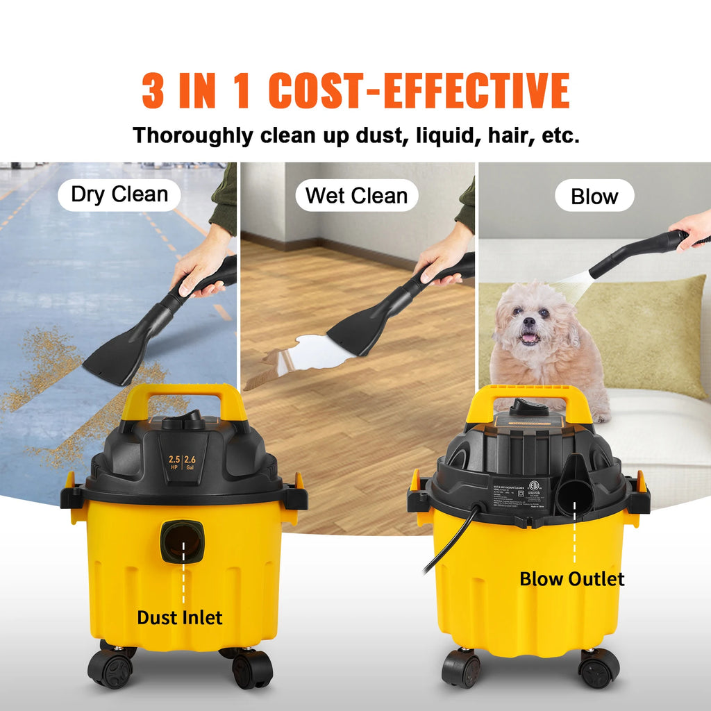 SucceBuy 2.6 Gallon Wet Dry Shop Vac — 2.5 Peak HP, 3-in-1 Vacuum, Blow & Suction with HEPA Filter
