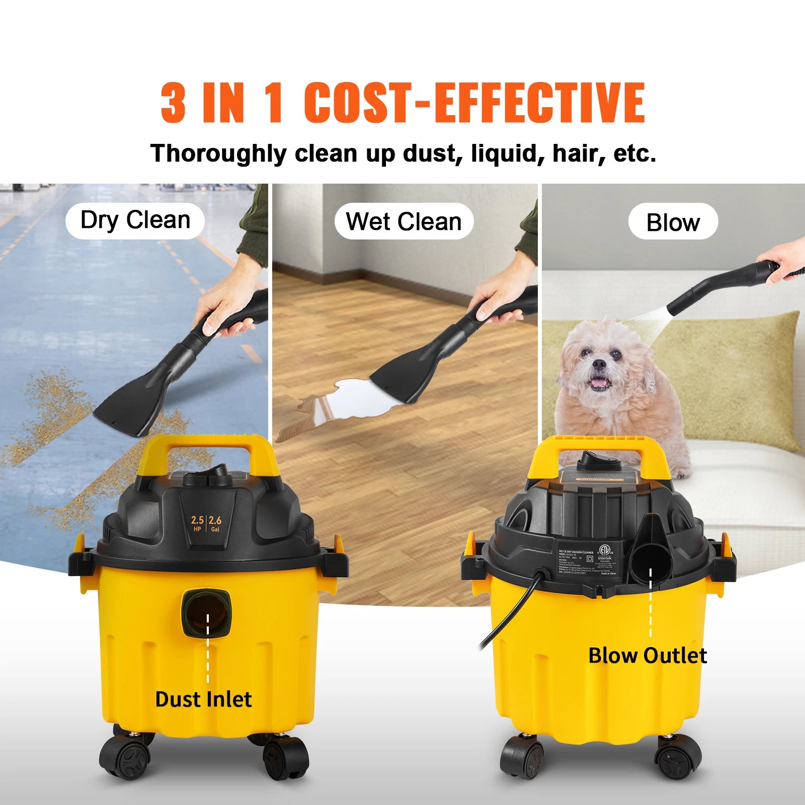 SucceBuy 2.6 Gallon Wet Dry Shop Vac — 2.5 Peak HP, 3-in-1 Vacuum, Blow & Suction with HEPA Filter