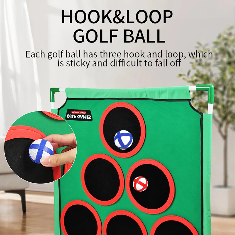 Green golf ball collection device with red loops and a close-up of golf balls on a hook, set against a neutral indoor background.