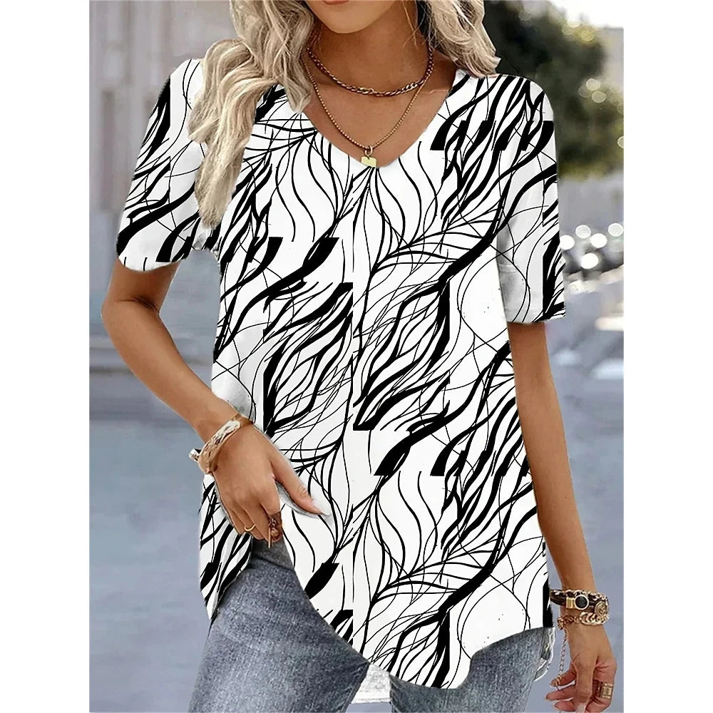 Women's 3D Flower Print V-Neck T-Shirt – Kawaii Oversized Summer Top & Blouse