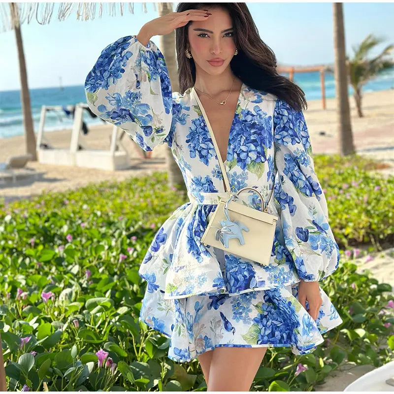 Tie-Dye 3D Flower Mini Dress — Deep V-Neck Flare Sleeve Holiday Dress