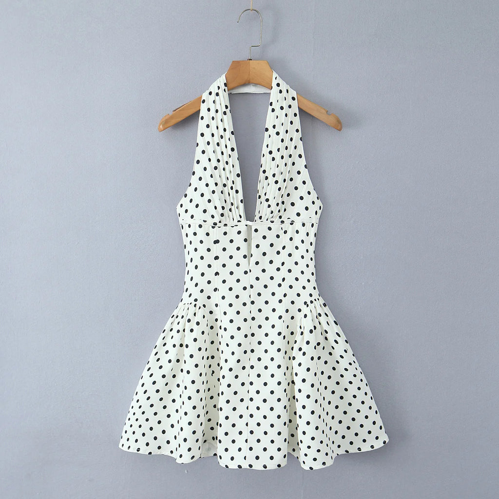 Retro Polka Dot Deep V Halter Mini Dress — Backless A-Line Slim Summer Dress