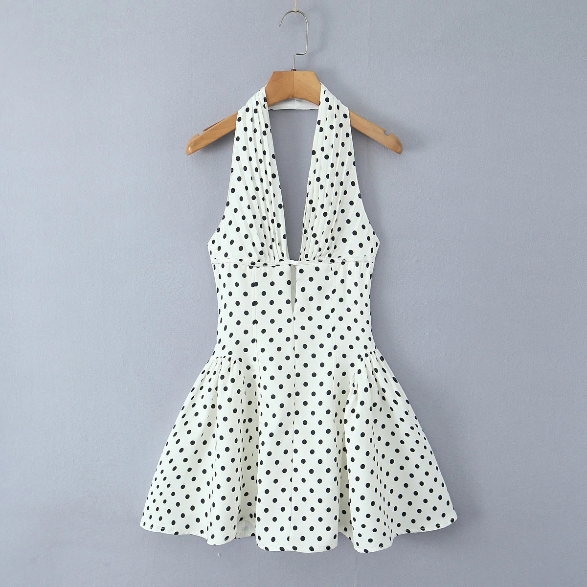 Retro Polka Dot Deep V Halter Mini Dress — Backless A-Line Slim Summer Dress