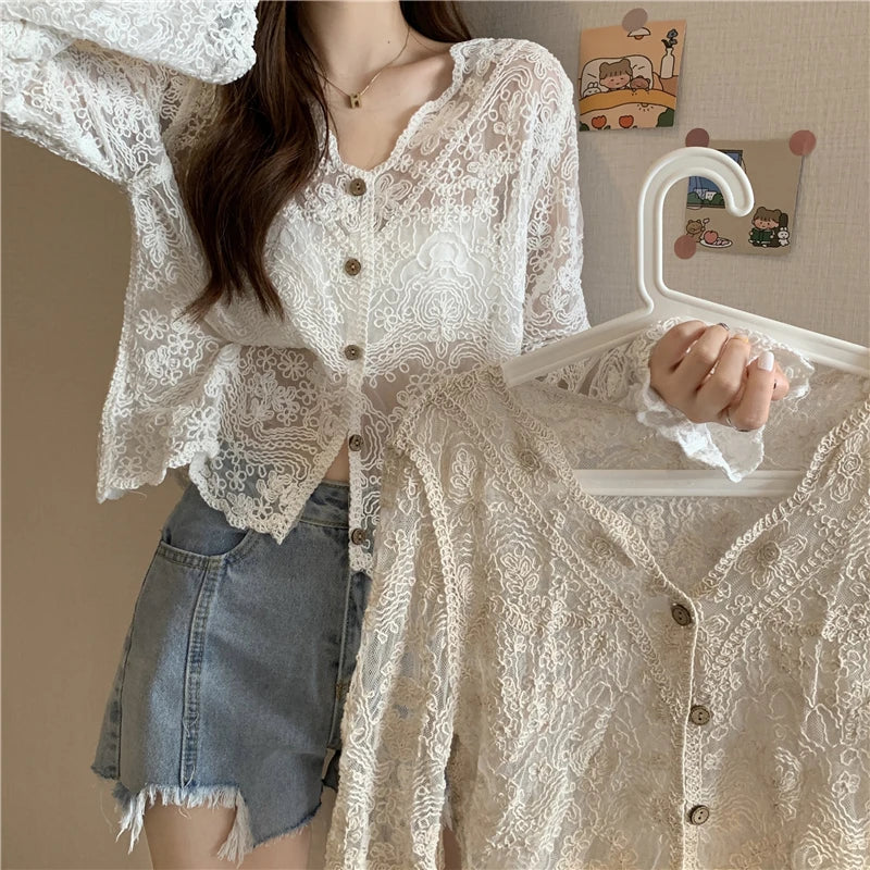 Women's Vintage Sheer Lace Blouse – Long Sleeve See-Through Sun Shirt Korean Style Casual Top