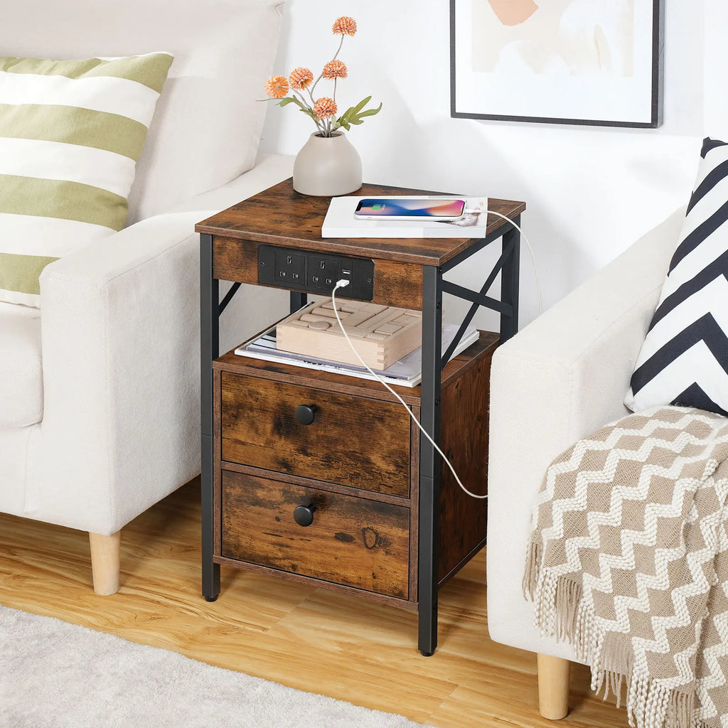 Bedside Nightstand with Built-In Charging Station — 2 AC Outlets & 2 Power Ports