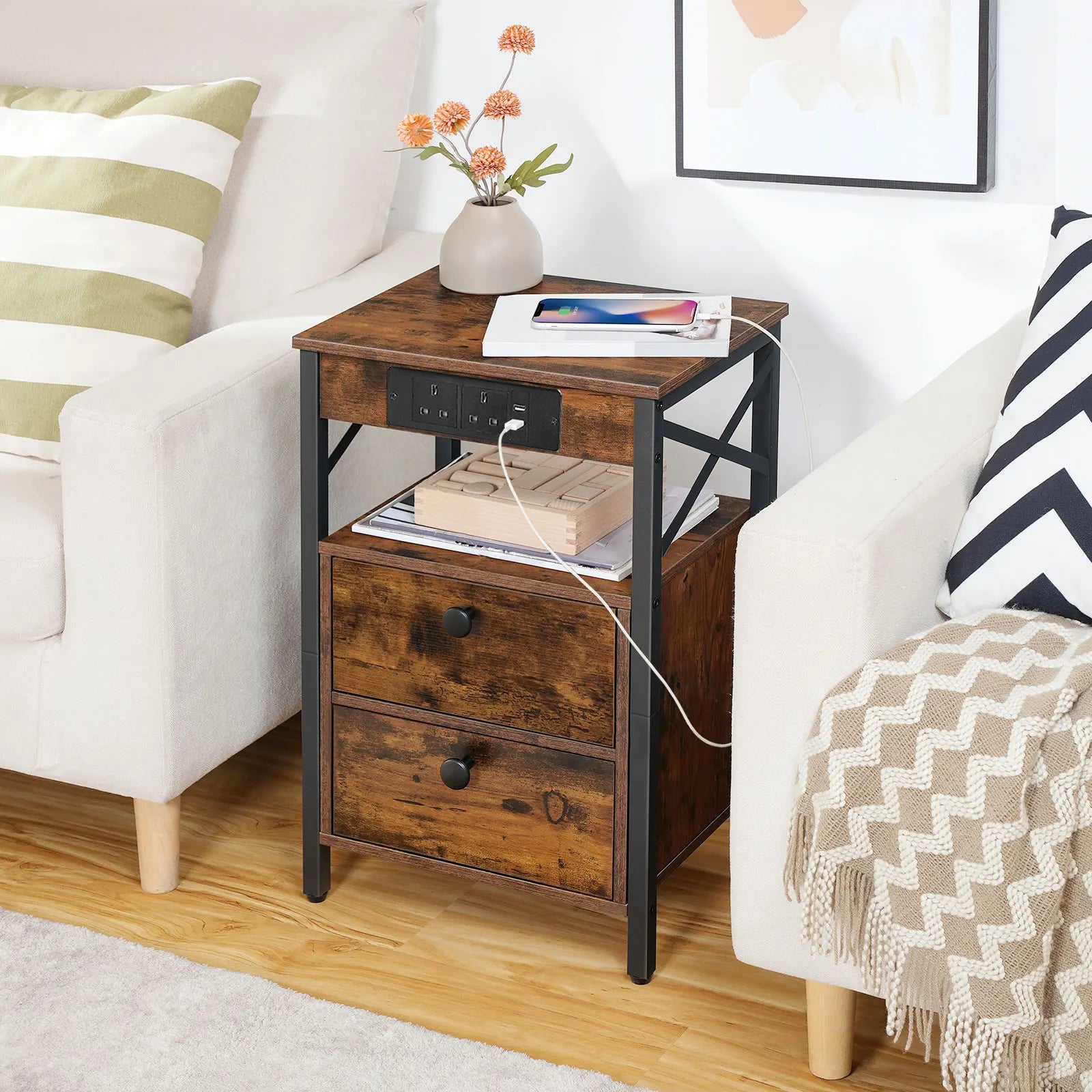 Bedside Nightstand with Built-In Charging Station — 2 AC Outlets & 2 Power Ports