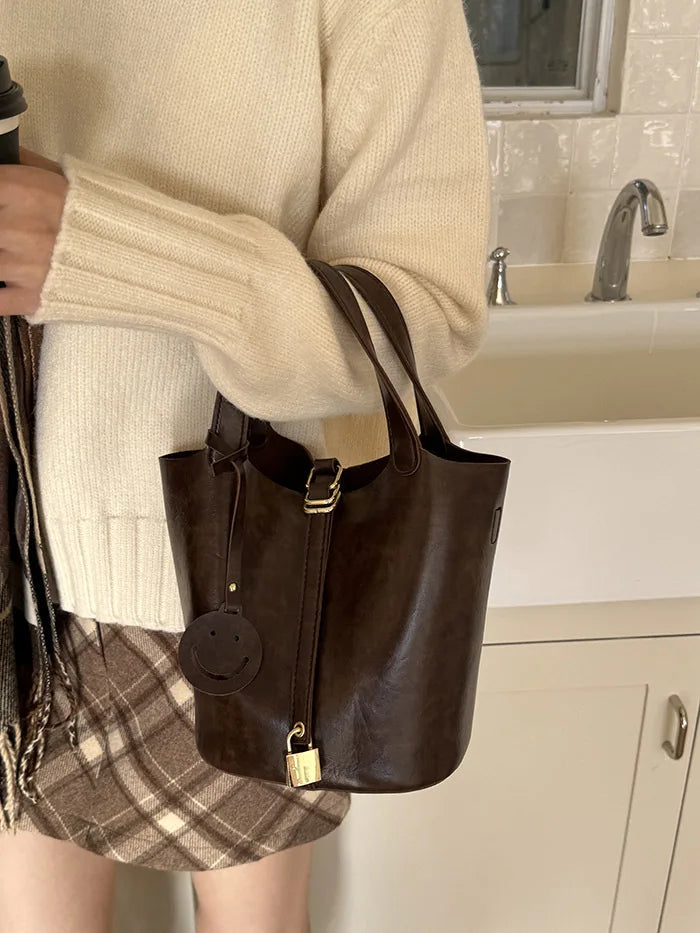PU Leather Lock Bucket Crossbody Shoulder Bag – Fashion Designer Tote Handbag for Women