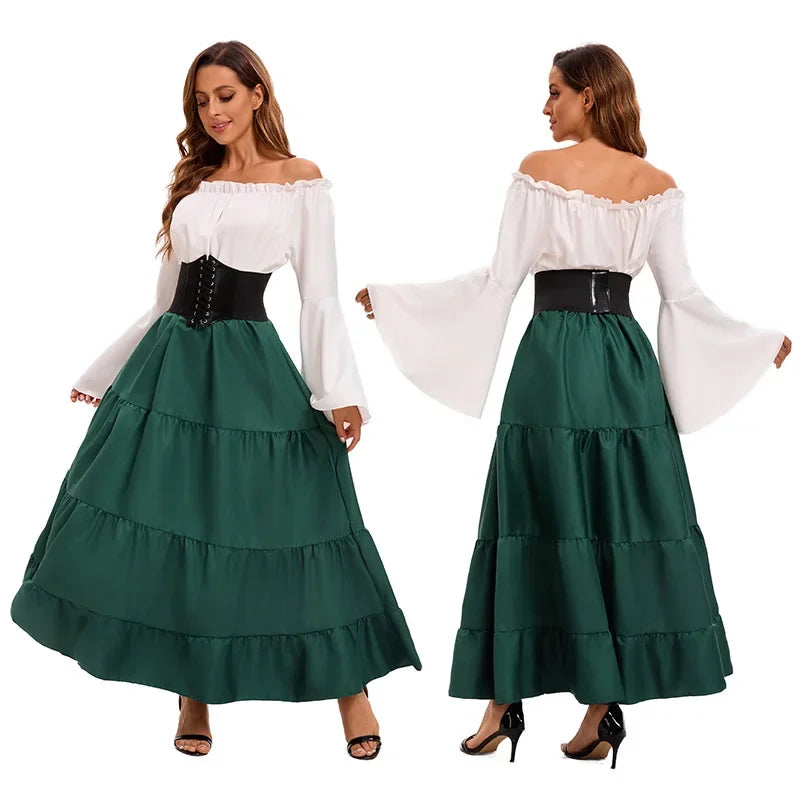 Medieval Renaissance Costume Dress — Off-Shoulder Victorian Queen Outfit with Waist Corset