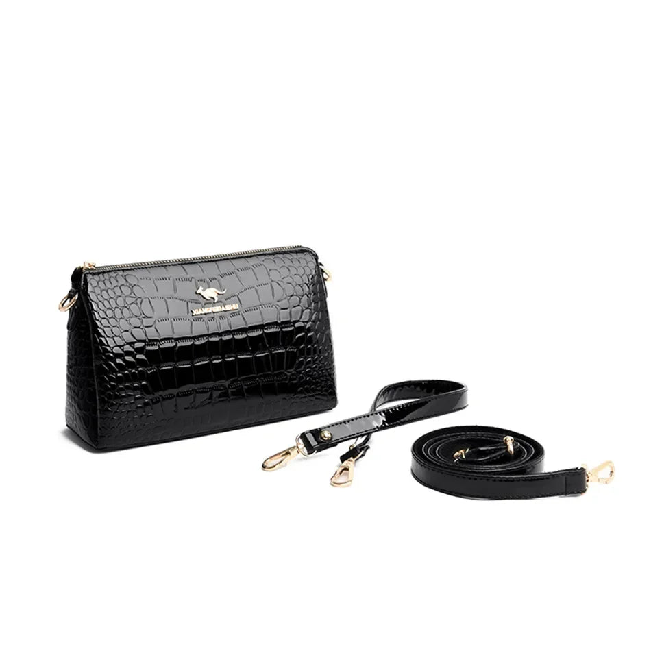 Luxury PU Alligator 3-Layer Flap Shoulder Bag – Sequin Crossbody Handbag for Women