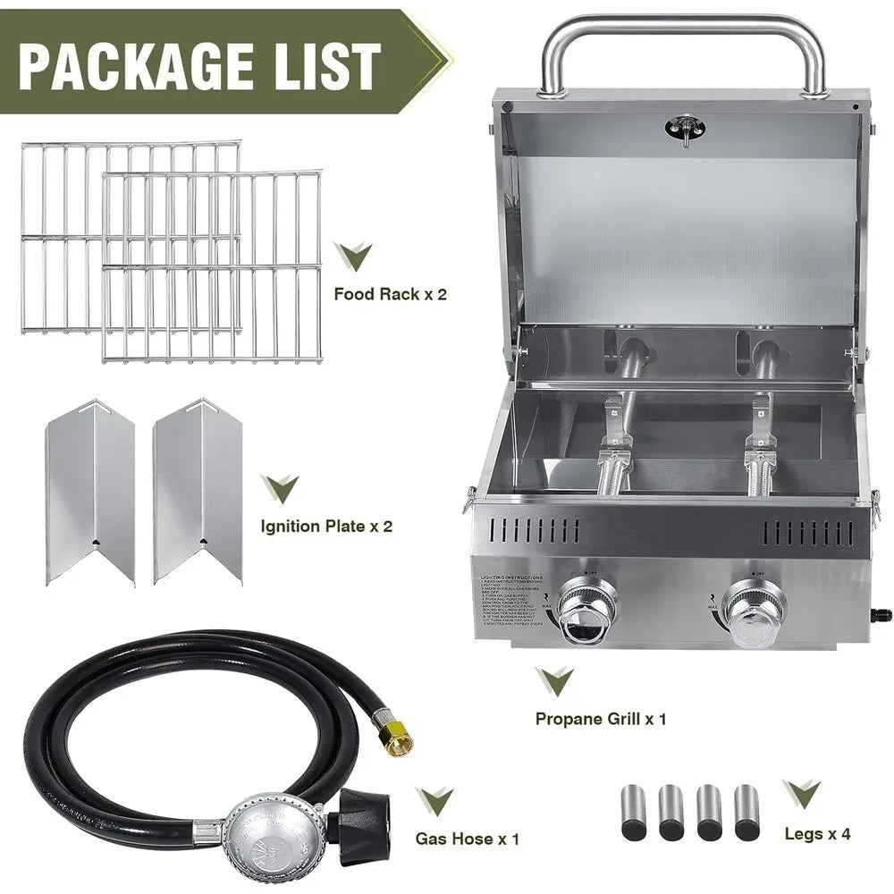 Portable 2-Burner Stainless Steel Propane Grill | 20,000 BTU, Push-Button Ignition, Built-In Thermometer, Outdoor, Camping & RV
