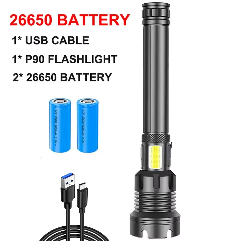 90000 Lumens XHP90 LED Tactical Flashlight – Rechargeable USB Zoomable 7-Mode Torch