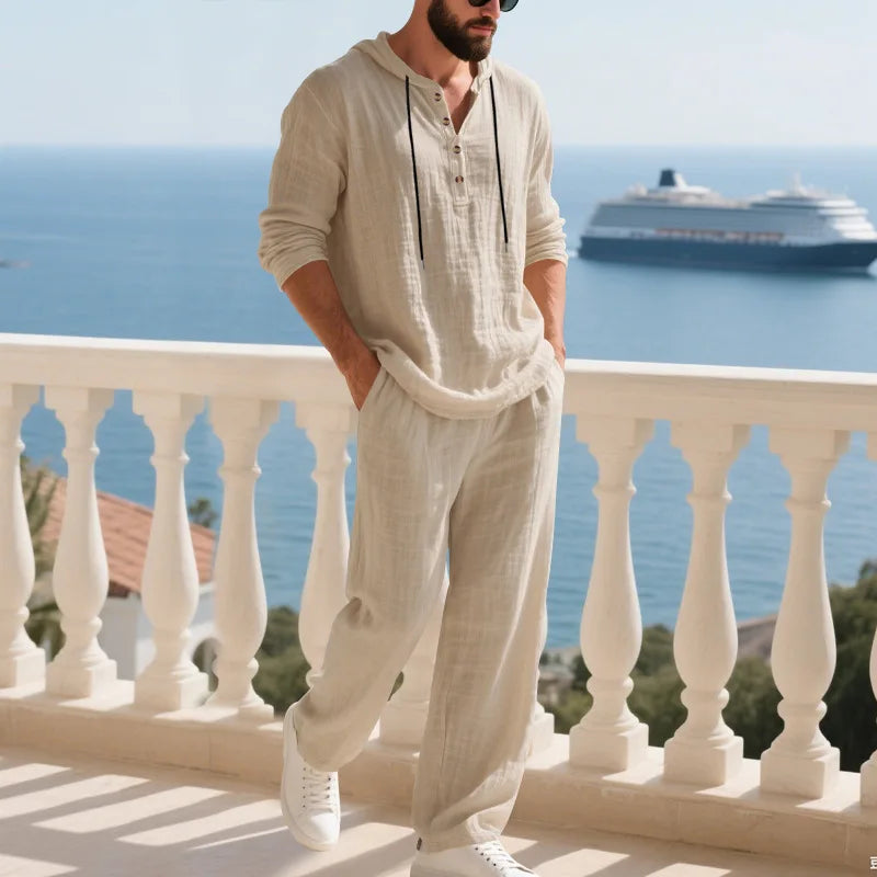 Men's Linen Casual Loose Hooded Henley Shirt & Long Pants Set – Relaxed Autumn 2-Piece Suit