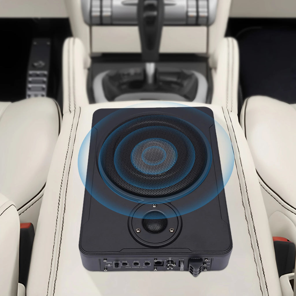 Car subwoofer in a vehicle interior with a focus on the speaker.