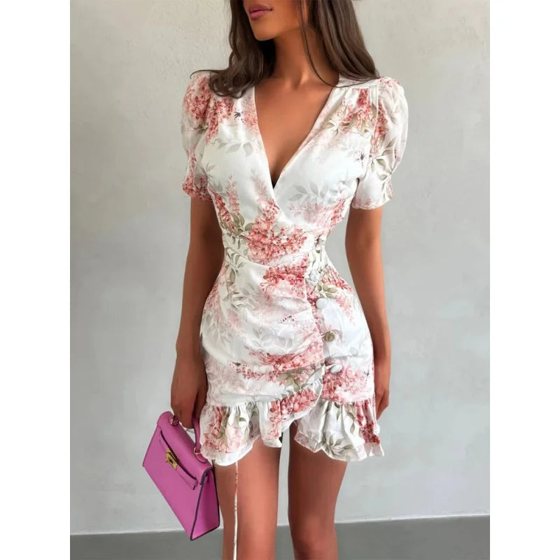 Women's Floral Ruffle Slim Dress – Deep V-Neck Double Layered Ruffled Hem Party & Daily Gown