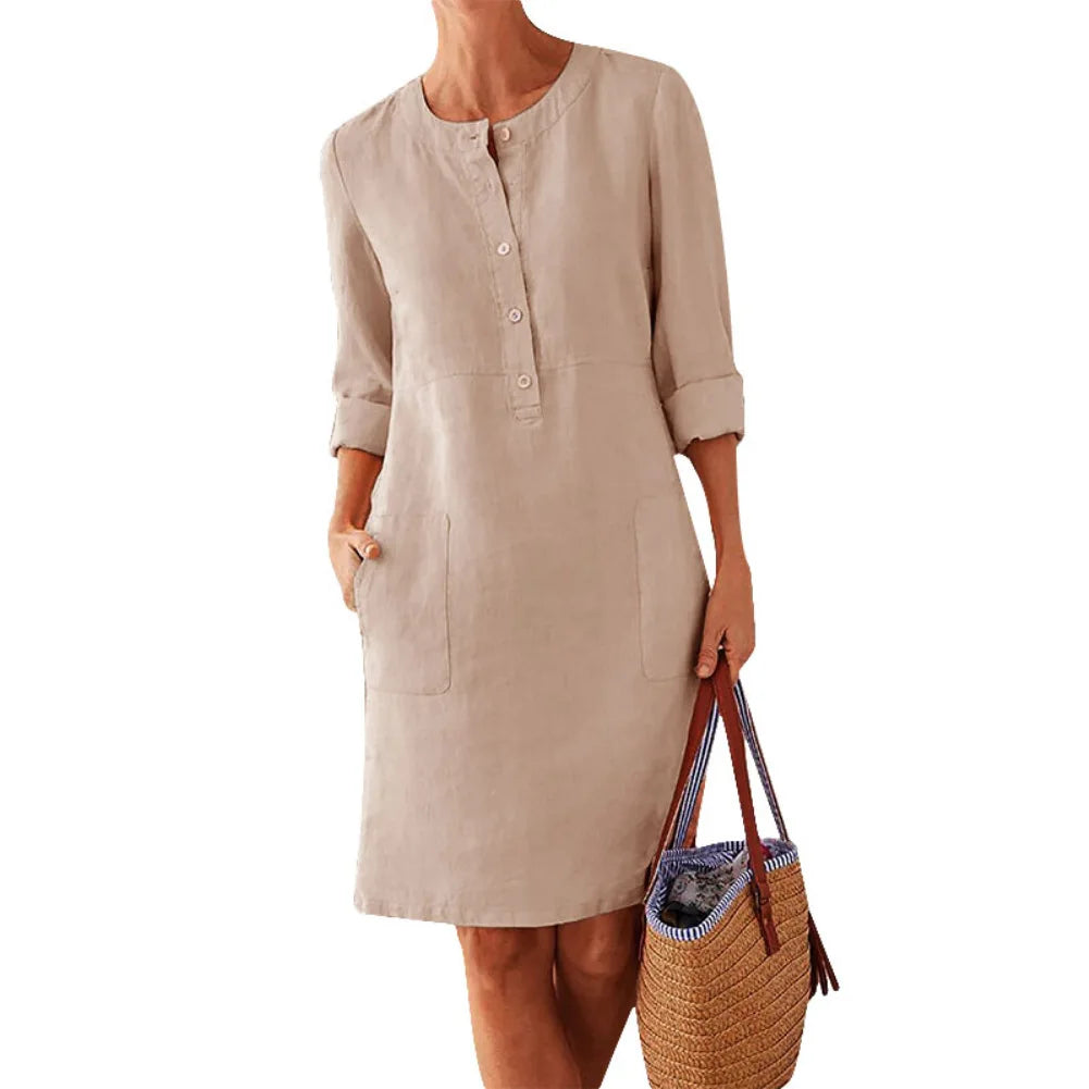 Women's Cotton Linen Tunic Dress – Long Sleeve Vintage Straight Oversized Casual Dress