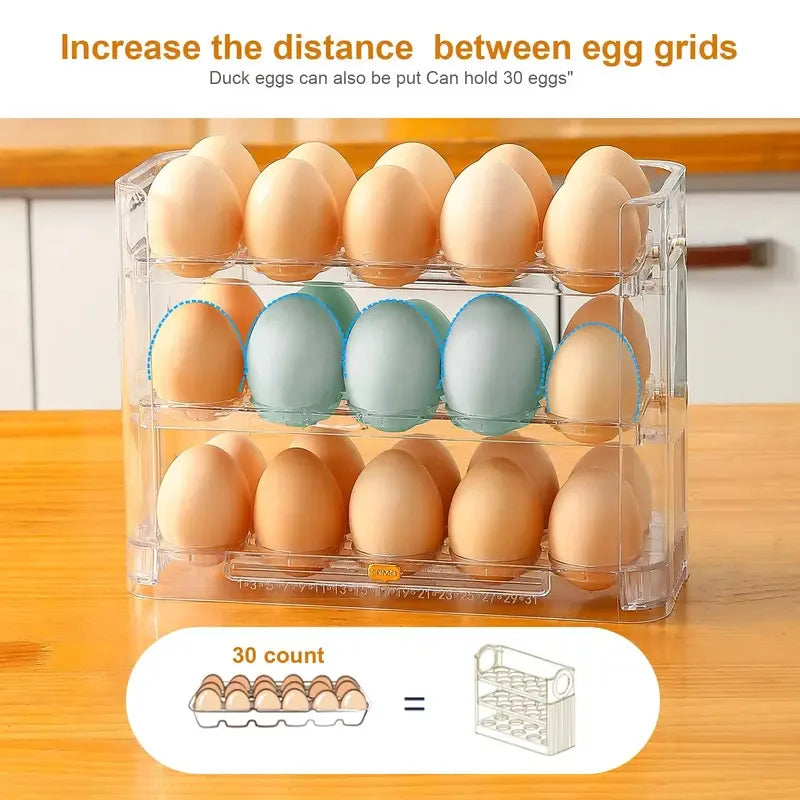 3-Layer Flip Egg Storage Box for Refrigerator – Holds 30 Eggs, Space-Saving Fridge Door Organizer
