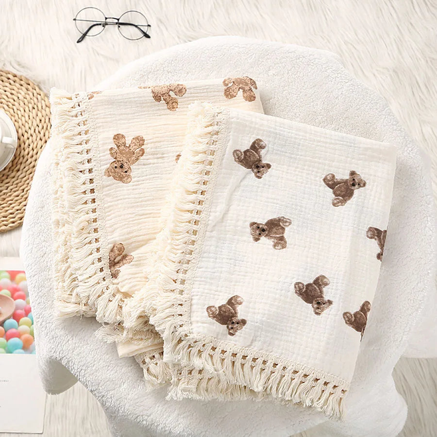 Cute Bear Muslin Cotton Baby Blanket – Plaid Infant Swaddle & Summer Comforter for Newborns