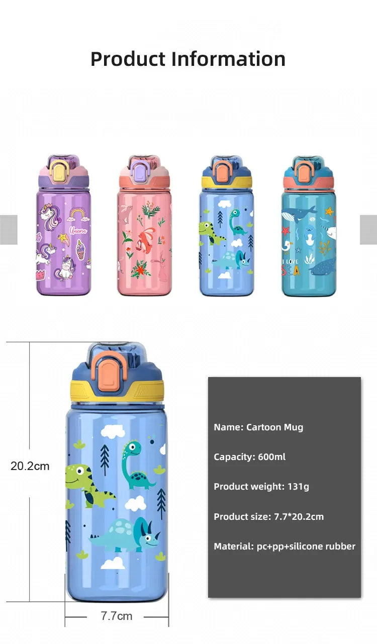 600ml Dinosaur Kids Water Bottle – BPA-Free Silicone Straw Sippy Cup, Leakproof with Carry Rope