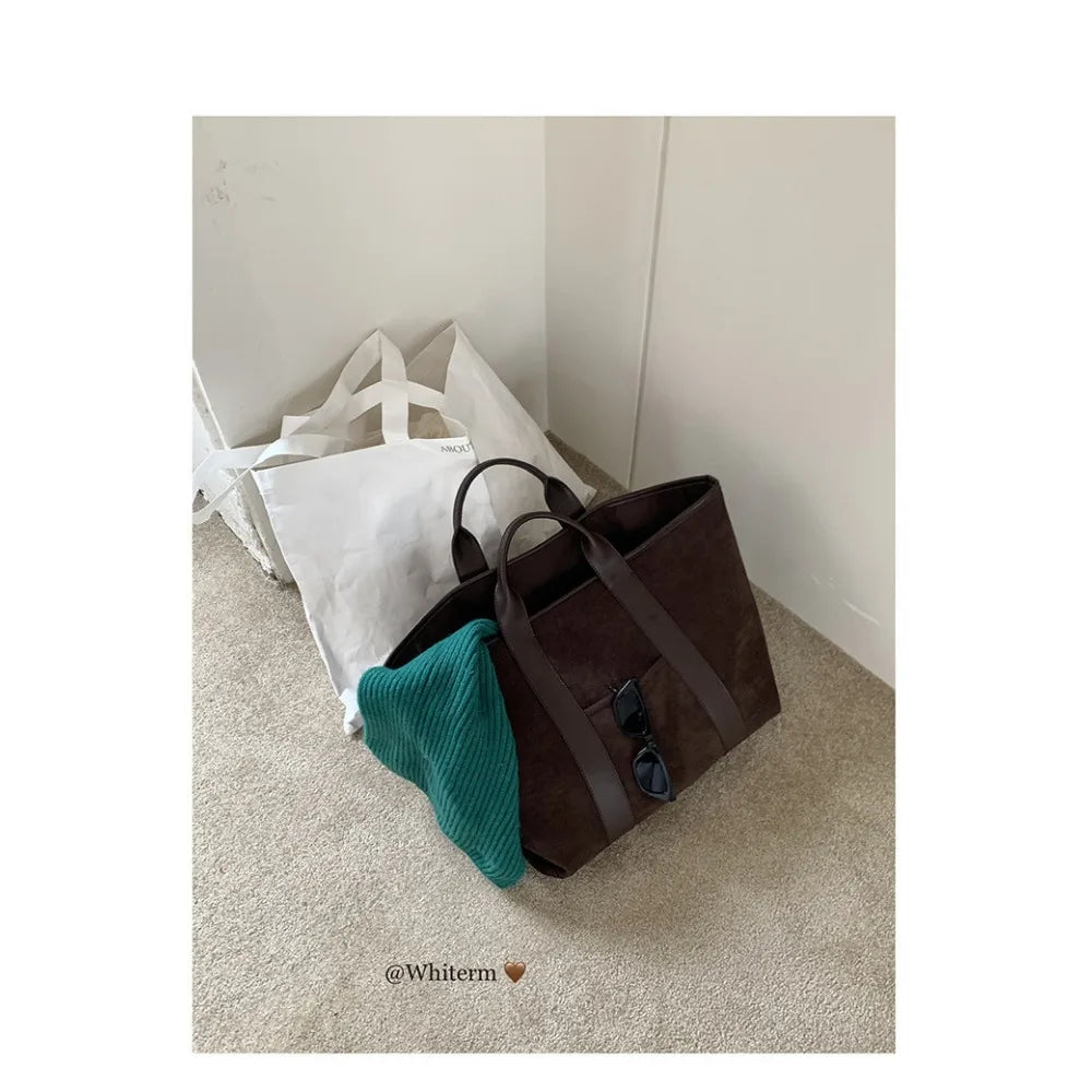 Large Capacity Retro Faux Suede Shoulder Tote Bag – Luxury Commuter Travel Handbag for Women