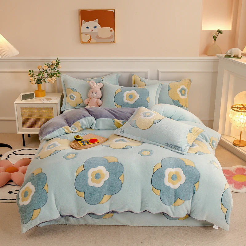 Double-Sided Flannel Coral Fleece Duvet Cover – Thick Warm Winter Bedding, 8 Colors & 6 Sizes