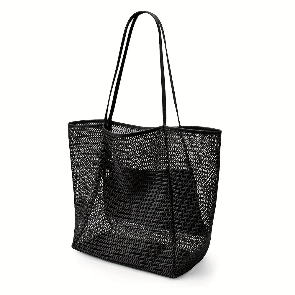 Women's Large Capacity Beach Tote Bag – Durable Polyester Woven Shoulder Bag for Travel & Shopping