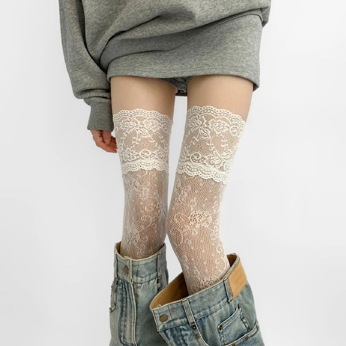 Women's Lace Thigh-High Stockings – Solid Color