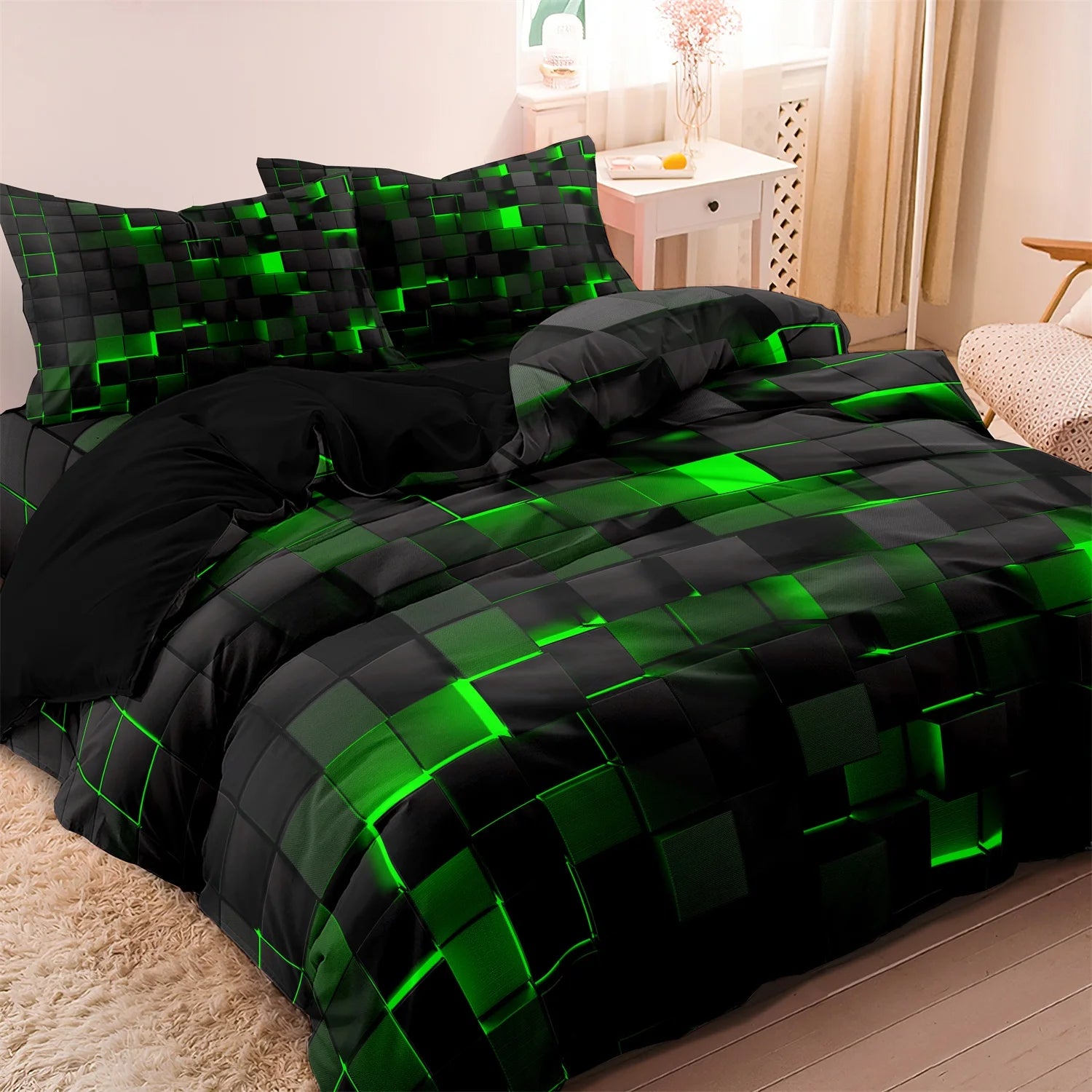 3-Piece Geometric Grid Plaid Duvet Cover Set – 1 Duvet Cover & 2 Pillowcases, Twin to King