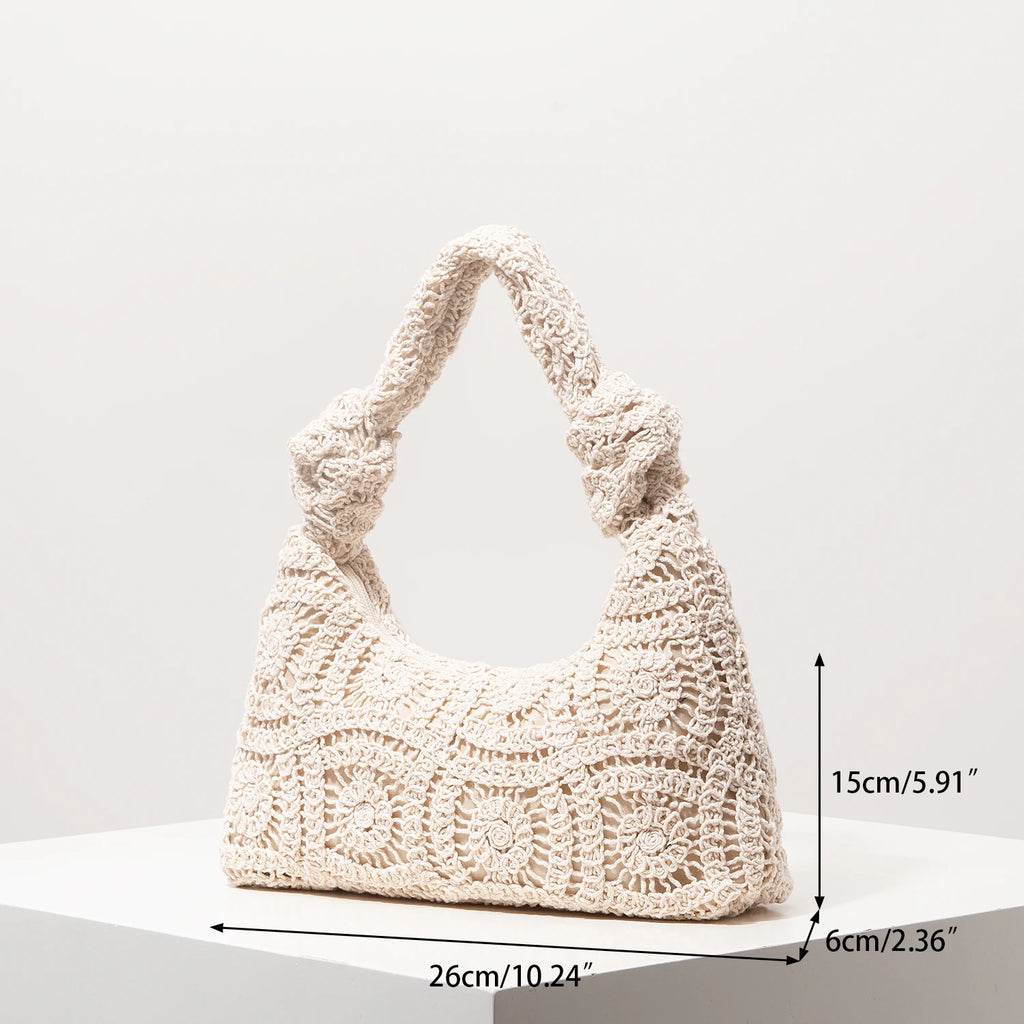 Boho Floral Half-Moon Beach Bag – Hollow-Out Polyester Shoulder Bag for Women