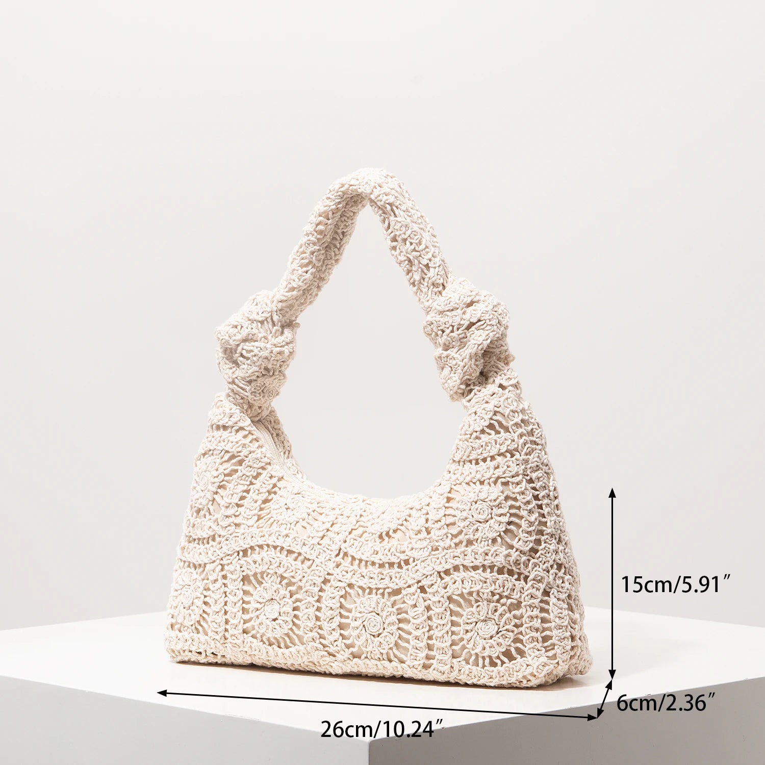 Boho Floral Half-Moon Beach Bag – Hollow-Out Polyester Shoulder Bag for Women