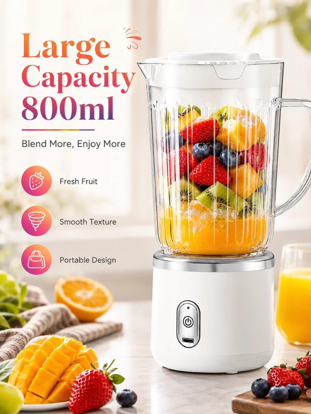 800ml Big Cup Electric Juicer Blender One-Button Operation USB Charging Portable Ice Fruit Smoothie Maker